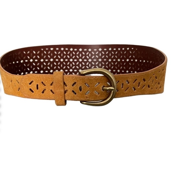 Anthropologie Tapered Eyelet Laser-cut Suede Leather Belt Mustard Gold - Picture 3 of 9